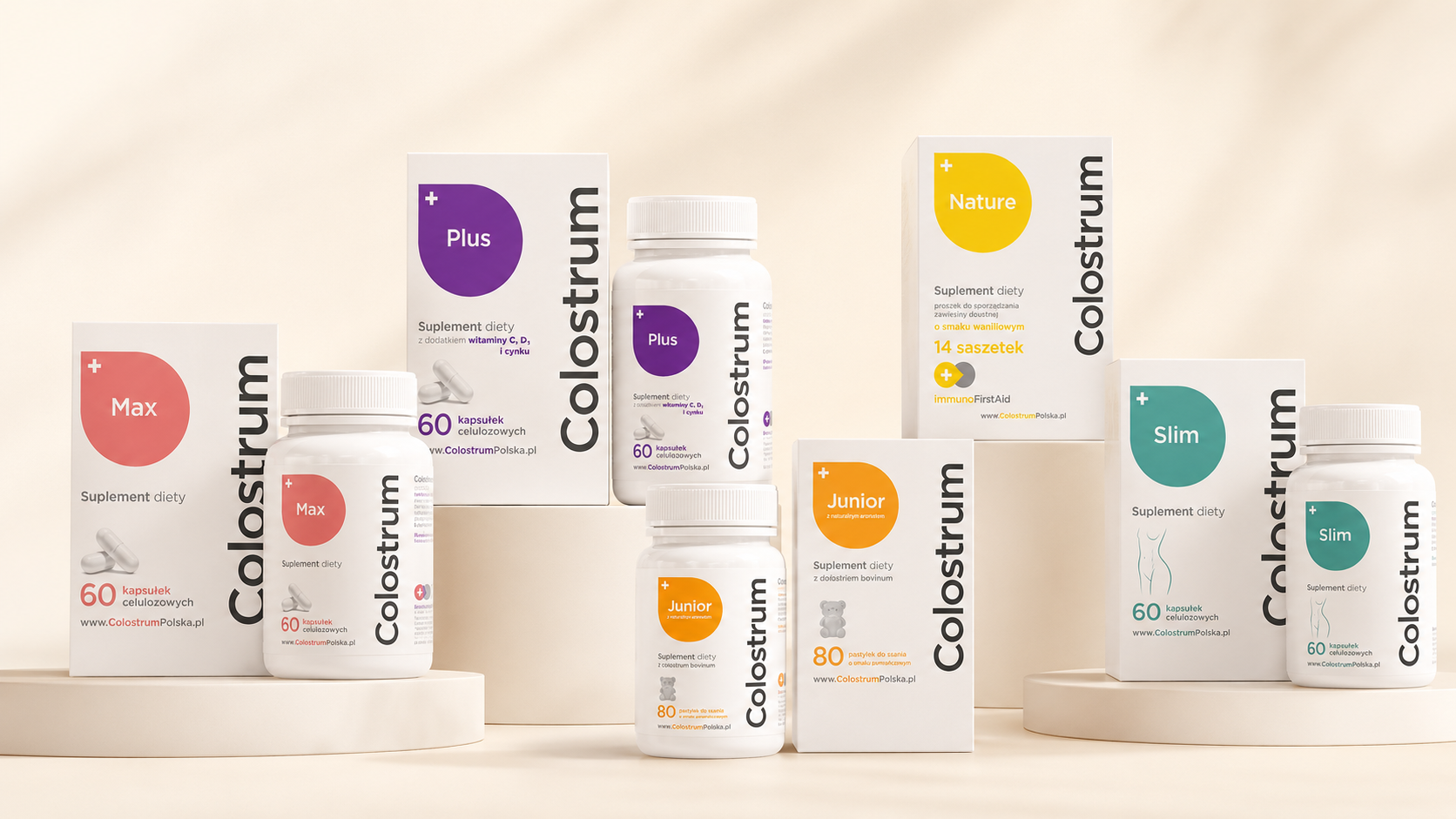 Linia suplementów Colostrum Polska: MAX, PLUS, NATURE, JUNIOR i Slim — opakowania i słoiczki