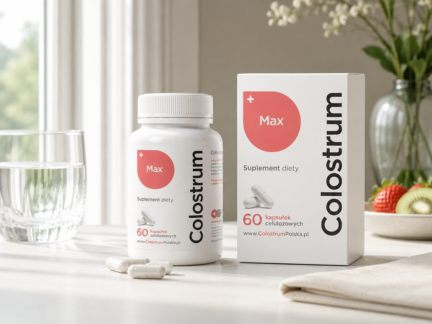 Colostrum MAX — słoiczek i opakowanie 60 kapsułek celulozowych